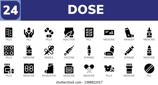 dose icon set. 24 filled dose icons.  Collection Of - Pills, Pill, Injection, Medicine, Inhaler, Needle, Vaccine, Syringe, Inhalator