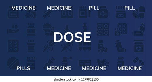  dose icon set. 32 filled dose icons. on blue background style Simple modern icons about  - Medicine, Pill, Pills, Syringe, Needle, Drugs, Inhaler