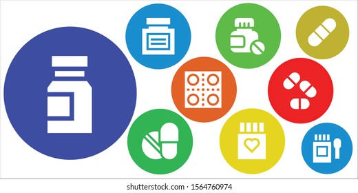 dose icon set. 9 filled dose icons.  Collection Of - Medicine, Pills, Drug, Pill icons