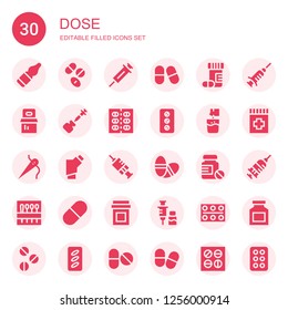 dose icon set. Collection of 30 filled dose icons included Vials, Drugs, Vaccine, Pills, Pill, Effervescent, Needle, Inhalator, Vaccination, Drug, Injection
