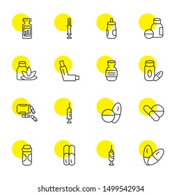 dose icons. Editable 16 dose icons. Included icons such as Pill, Syringe, Pills, Drugs, Antibiotic, Inhalator, Vial. dose trendy icons for web.