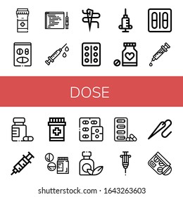 dose simple icons set. Contains such icons as Pills, Medicine, Code injection, Syringe, Needle, Blister pack, Drugs, Vaccine, can be used for web, mobile and logo