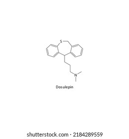 Dosulepin molecule flat skeletal structure, TCA - Tricyclic antidepressant class drug used in depression treatment. Vector illustration on white background.