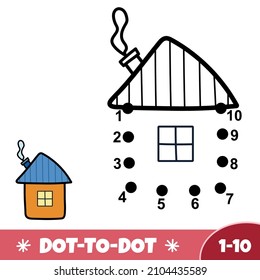 Dot to dot 1-10 easy game for kids with a cute house. Connect dots numbers activity page for toddlers. Winter mini game. Vector illustrator