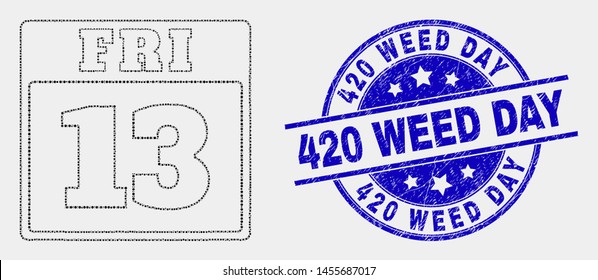 Dot 13 friday calendar page mosaic pictogram and 420 Weed Day seal stamp. Blue vector round distress seal stamp with 420 Weed Day phrase. Vector collage in flat style.