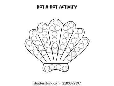 Dot a dot activity with black and white sea shell. Dot marker game for preschool kids.