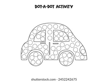 Dot a dot activity with cartoon car. Dot marker game for preschool kids.