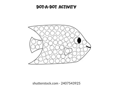 Dot a dot activity with cartoon cute angel fish. Dot marker game for preschool kids.