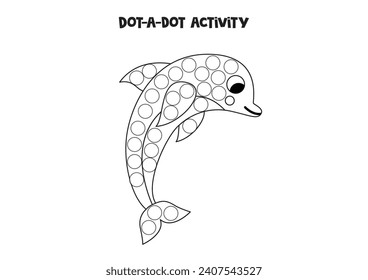 Dot a dot activity with cartoon cute dolphin. Dot marker game for preschool kids.