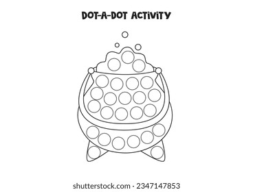 Dot a dot activity with cartoon Halloween cauldron. Dot marker game for preschool kids.