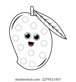 Haz una actividad de puntos con la caricatura de la fruta de Mango. Juego de marcadores de puntos para niños preescolares.