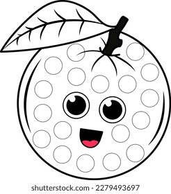 Hacer una actividad de punto con la fruta naranja de dibujos animados. Juego de marcadores de puntos para niños preescolares.