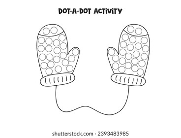 Dot a dot activity with cartoon winter mittens. Dot marker game for preschool kids.