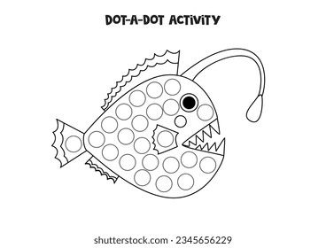 Dot a dot activity with cute angler fish. Dot marker game for preschool kids.