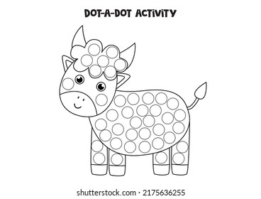 Dot a dot activity with cute bull. Dot marker game for preschool kids.