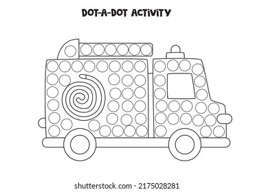 Dot a dot activity with fire truck. Dot marker game for preschool kids.