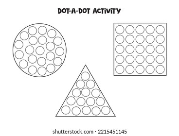 Establecer una actividad de punto con formas geométricas. Juego de marcadores de puntos para niños preescolares.