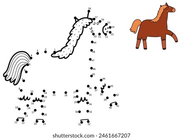 Dot to dot activity page for kids. Connect the dots and draw a cute horse. Farm animal puzzle game. Vector illustration