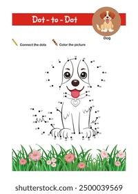 Dot to dot activity worksheet for preschool kids. Activity of learning numbers from 1 to 50 and pen control. Vector Illustration. Connect the dot dog activity.