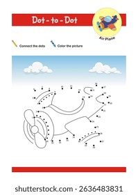 Dot to dot activity worksheet for preschool kids. Activity of learning numbers from 1 to 35 and pen control. Air plane craft. Draw and color Air plane. Vector Illustration