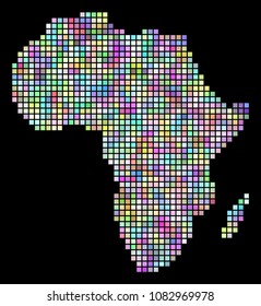 Dot Africa map. Vector geographic map in smoothed variable colors on a black background. Vector mosaic of Africa map done of regular small squares.