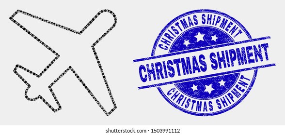 Dot airplane mosaic icon and Christmas Shipment stamp. Blue vector round scratched seal with Christmas Shipment phrase. Vector combination in flat style.