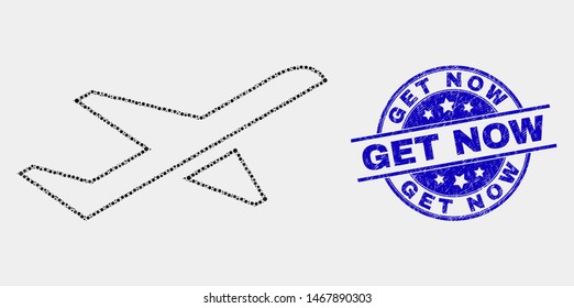 Dot airplane takeoff mosaic icon and Get Now seal. Blue vector round textured watermark with Get Now title. Vector combination in flat style. Black isolated airplane takeoff mosaic of scattered dots,