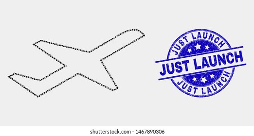 Dot airplane takeoff mosaic pictogram and Just Launch seal stamp. Blue vector round textured seal stamp with Just Launch phrase. Vector combination in flat style.