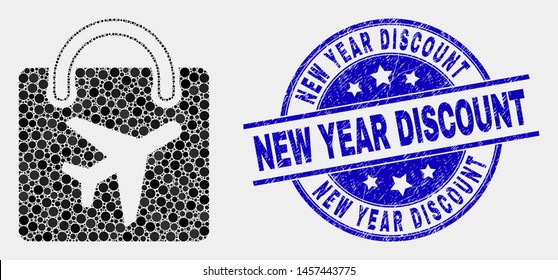 Dot airport shopping bag mosaic icon and New Year Discount seal stamp. Blue vector round scratched seal with New Year Discount message. Vector combination in flat style.