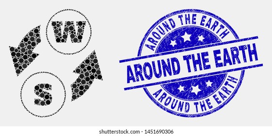 Dot alphabet characters exchange mosaic pictogram and Around the Earth seal. Blue vector rounded distress seal stamp with Around the Earth phrase. Vector collage in flat style.
