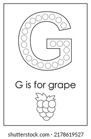 Dot a dot alphabet letters for kids. Learning letter G. Black and white worksheet.