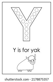 Dot a dot alphabet letters for kids. Learning letter Y. Black and white worksheet.