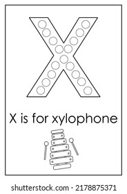 Dot a dot alphabet letters for kids. Learning letter X. Black and white worksheet.
