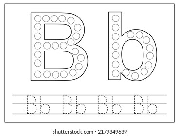 Dibujar un alfabeto punto para los niños. Letra de aprendizaje B. Hoja de cálculo en blanco y negro.