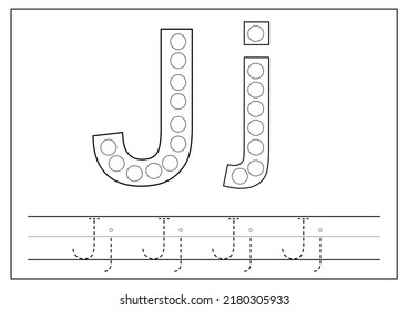 Dot a dot alphabet letters for kids. Learning letter J. Black and white worksheet.