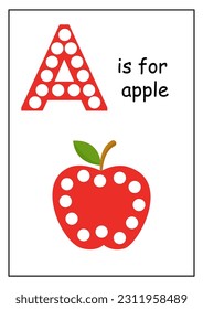 Dot a dot alphabet letters for kids. Learning letter A. A is for apple. colorful worksheet.