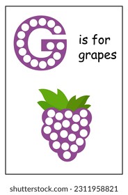 Dot a dot alphabet letters for kids. Learning letter G. G is for grapes. colorful worksheet.