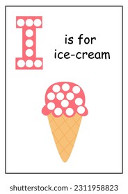 Dot a dot alphabet letters for kids. Learning letter I. I is for ice cream. colorful worksheet.