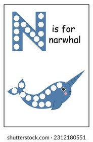 Dot a dot alphabet letters for kids. Learning letter N. N is for narwhal. colorful worksheet.