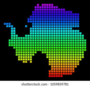 A dot Antarctica Map. Vector geographic map in bright spectrum colors on a black background. Colorful vector abstract pattern of Antarctica Map done of square dots.