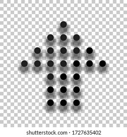 Dot arrow cursor, up direction, upload. Black glass icon with soft shadow on transparent background
