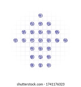 Dot arrow cursor, up direction, upload. Hand drawn sketched picture with scribble fill. Blue ink. Doodle on white background