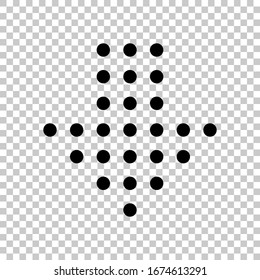 Dot arrow cursor, down direction, download. Black symbol on transparent background