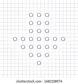 Dot arrow cursor, down direction, download. Hand drawn picture on paper sheet. Blue ink, outline sketch style. Doodle on checkered background