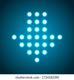 Dot arrow cursor, down direction, download. Neon style. Light decoration icon. Bright electric symbol