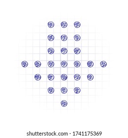 Dot arrow cursor, down direction, download. Hand drawn sketched picture with scribble fill. Blue ink. Doodle on white background
