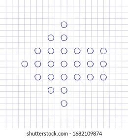 Dot arrow cursor, left direction. Hand drawn picture on paper sheet. Blue ink, outline sketch style. Doodle on checkered background