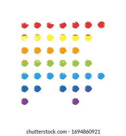 Dot arrow cursor, up and left direction. Drawing sign with LGBT style, seven colors of rainbow (red, orange, yellow, green, blue, indigo, violet