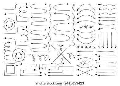 Dot arrow dash line trace. Broken stroke with angle, wavy, curved and spiral shapes. Circle loop and arched round doodle thin swirls. Travel map direction pointer set