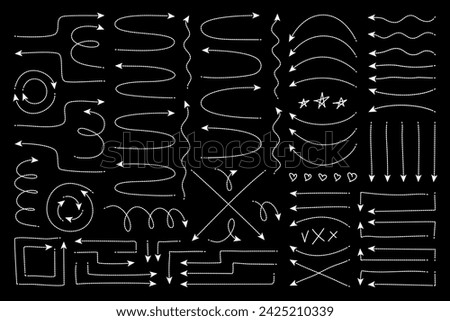 Dot arrow dash line trace. Broken stroke with angle, wavy, curved and spiral shapes. Circle loop and arched round doodle thin swirls. Travel map direction pointer set